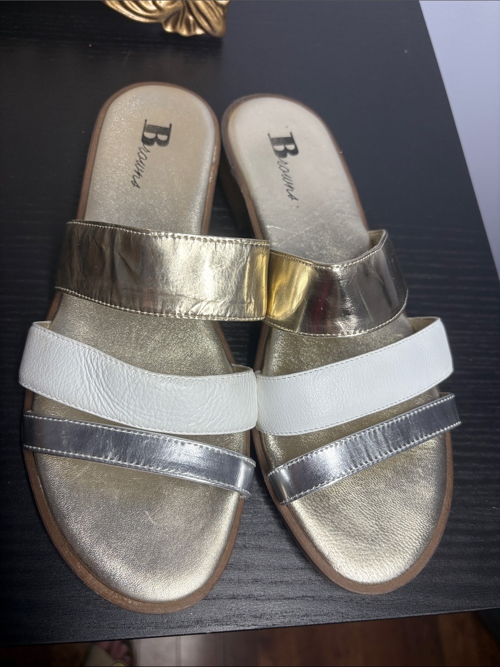 Browns Metallic Gold, Silver & White Triple-Strap Slide Mules